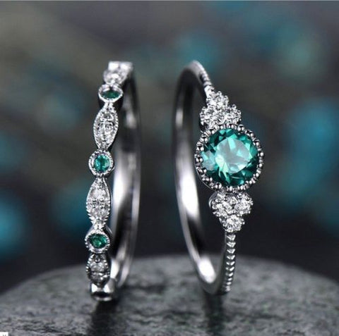 3 Colors Stackable Double Rings Sets For Women 925 Silver Round Green Blue Zircon Stone