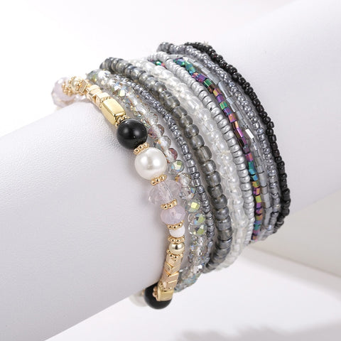 10 pcs/lot Boho Multi-layer Imitation Pearl Crystal Glass Beaded Elastic Bracelets