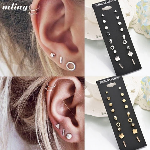 9 Pairs/set Gold Silver Crystal Earrings Set Women Female R