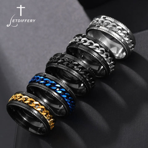 Letdiffery Punk 8mm Spinner Chain Men Rotatable Ring Black Blue Stainless Steel
