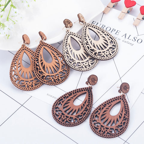 Natural Wooden Teardrop Earrings Popular Hollow Personality Simple Style Fashion