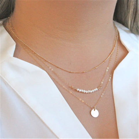 Fashion Layer Necklaces  Gold Filled / Sliver Round Peal  Necklace