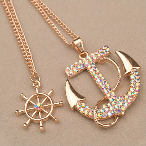 Fashion 2 Colors White Navy Crystal Rhinestone Anchor Rudder Pendant Necklace