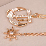 Fashion 2 Colors White Navy Crystal Rhinestone Anchor Rudder Pendant Necklace