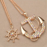 Fashion 2 Colors White Navy Crystal Rhinestone Anchor Rudder Pendant Necklace