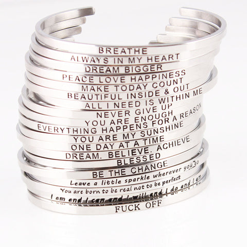 New Silver Stainless Steel Bangle Engraved Positive Inspirational Quote