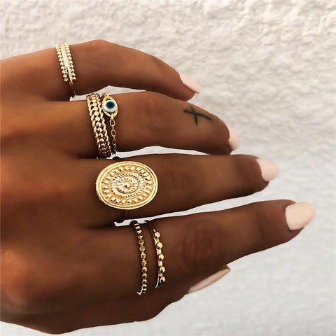 ZORCVENS 6 pc/set Bohemian Gold Color Eye Flower Rings Set for Women