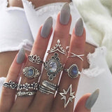 Vintage Ring Female Bohemian Geometric Flower Crystal Ring Set Finger Jewelry