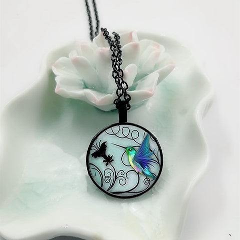2018 New Blue Hummingbird Necklace Hummingbird Pendant Glass Bird Jewelry Art Glass Cabochon Necklace