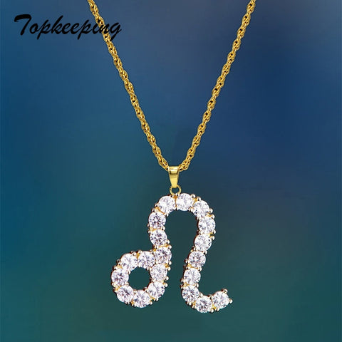 Zodiac Sign Shining Crystals Pendant Necklaces Iced Out Rhinestone 12 Constellations