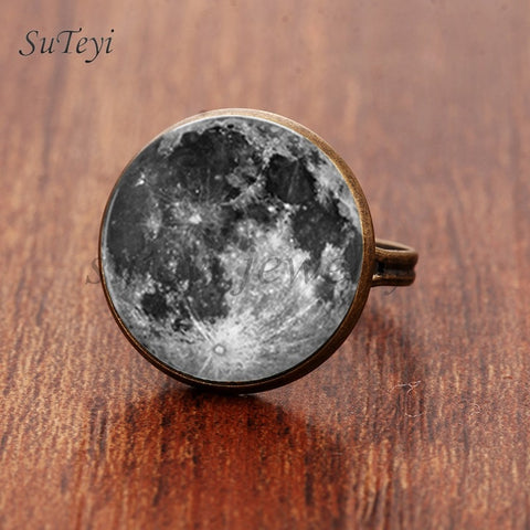 SUTEYI Fashion Galaxy Star Moon Glass Cabochon Ring Silver