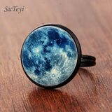 SUTEYI Fashion Galaxy Star Moon Glass Cabochon Ring Silver