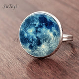 SUTEYI Fashion Galaxy Star Moon Glass Cabochon Ring Silver
