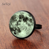 SUTEYI Fashion Galaxy Star Moon Glass Cabochon Ring Silver