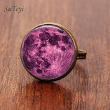 SUTEYI Fashion Galaxy Star Moon Glass Cabochon Ring Silver