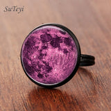 SUTEYI Fashion Galaxy Star Moon Glass Cabochon Ring Silver