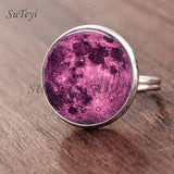 SUTEYI Fashion Galaxy Star Moon Glass Cabochon Ring Silver
