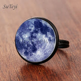 SUTEYI Fashion Galaxy Star Moon Glass Cabochon Ring Silver