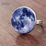 SUTEYI Fashion Galaxy Star Moon Glass Cabochon Ring Silver